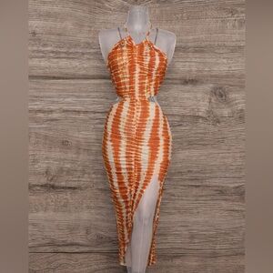 PrettyLittleThing Tie Dye Ruched Midi Dress Size 4 NWT Bodycon Sleeveless Slit